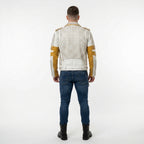 White Gold Studded Motorcycle Leather Jacket for Men