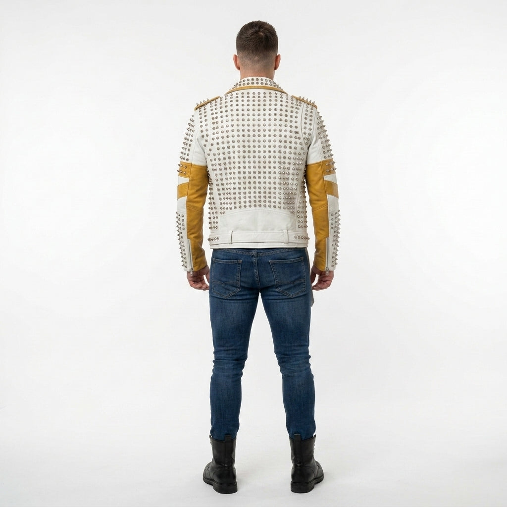 White Gold Studded Motorcycle Leather Jacket for Men