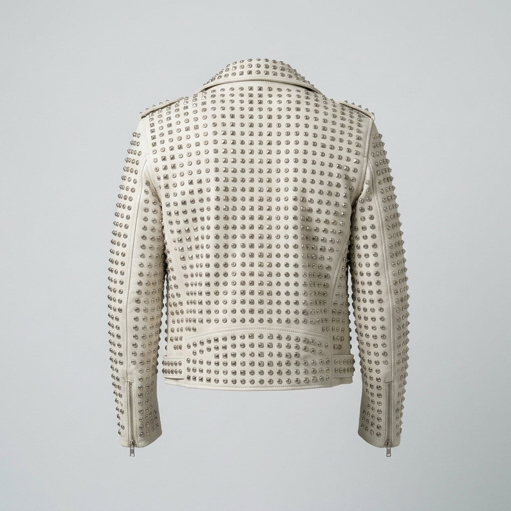 Men's White Studded Moto Leather Jacket