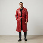 Men's Red Belted Leather Coat