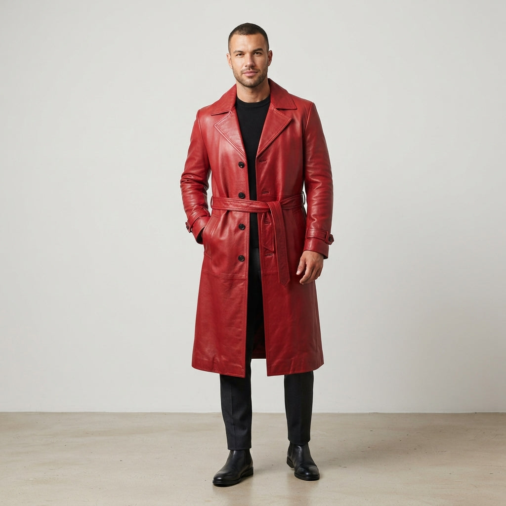 Men's Red Belted Leather Coat