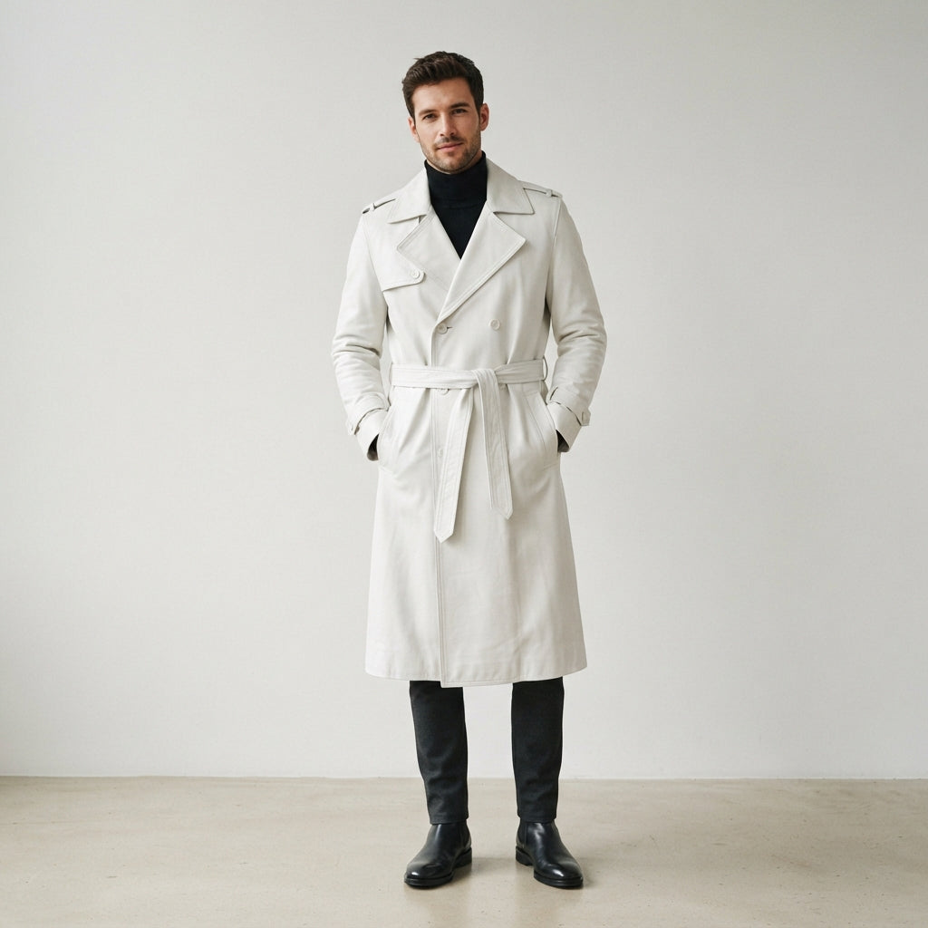 Men's Beige Leather Double-Breasted Trench Coat