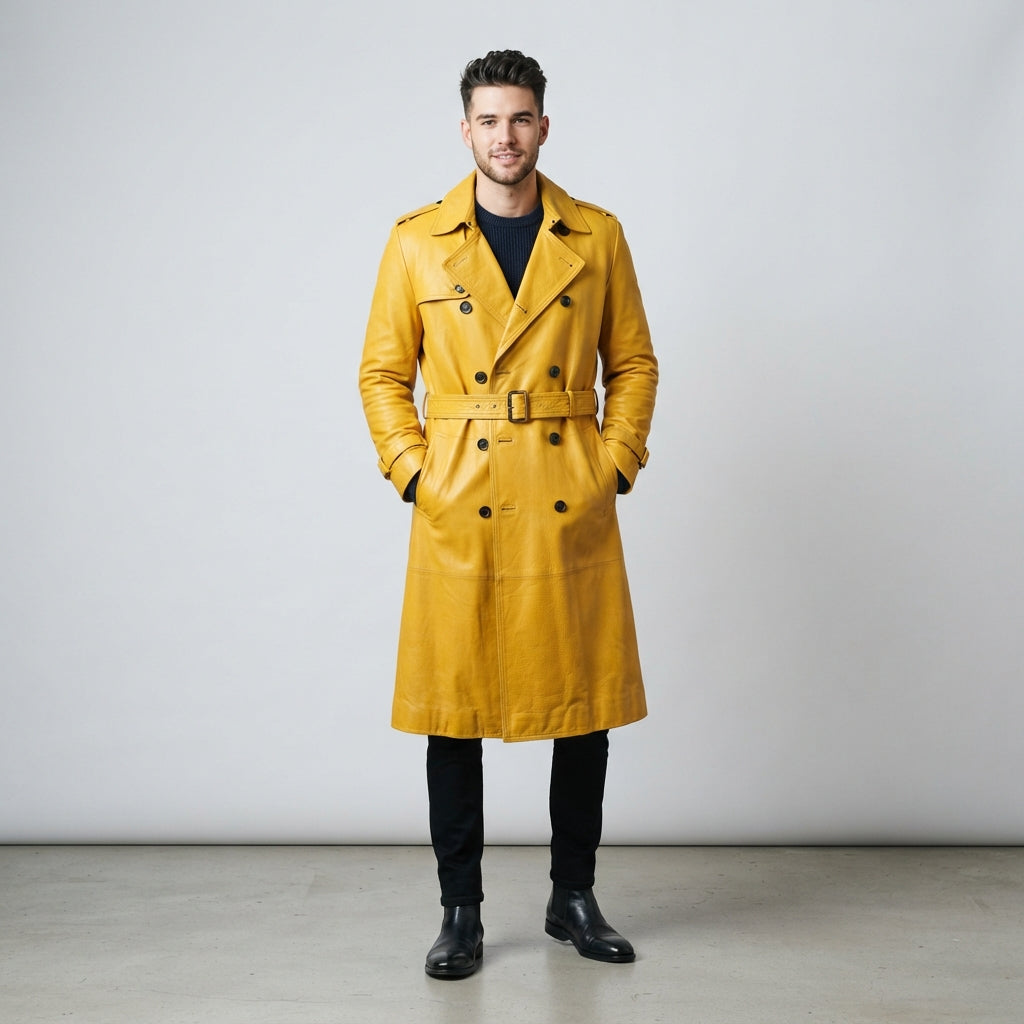 Men's Yellow Leather Double-Breasted Belted Trench Coat