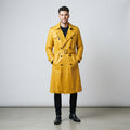 Men's Yellow Leather Double-Breasted Belted Trench Coat