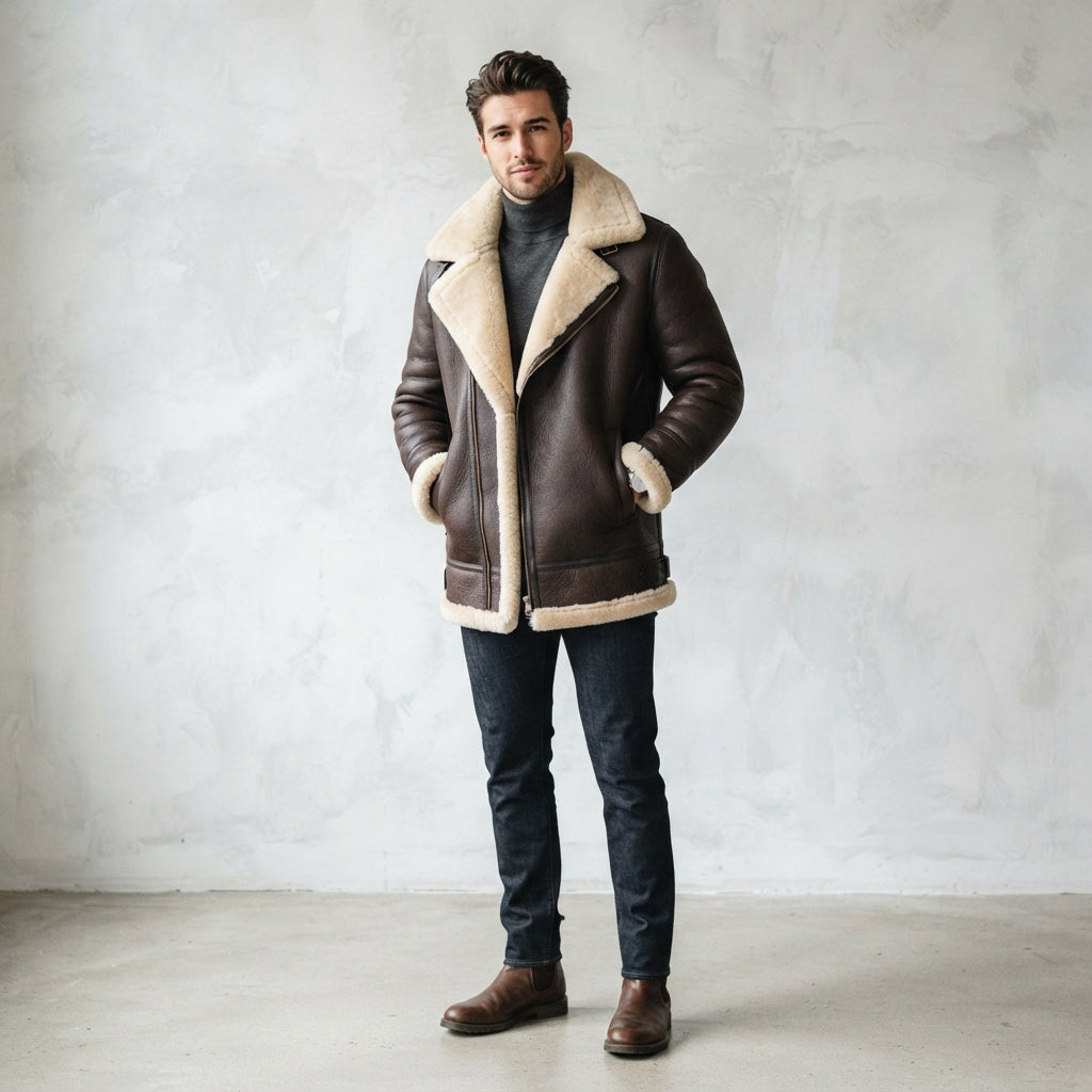 Men's Brown Sheepskin Leather Shearling Coat