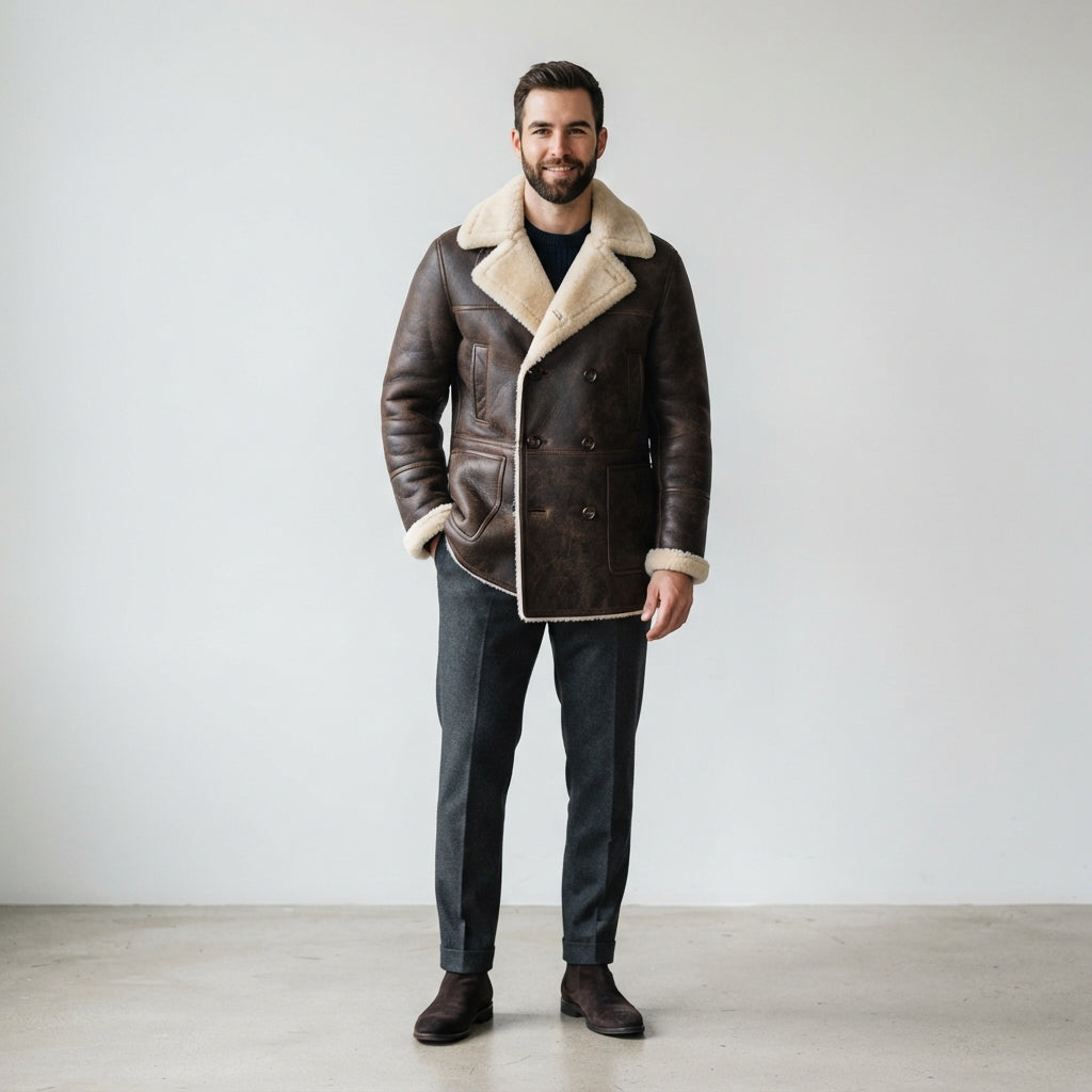 Men's Brown Sheepskin Leather Shearling Coat