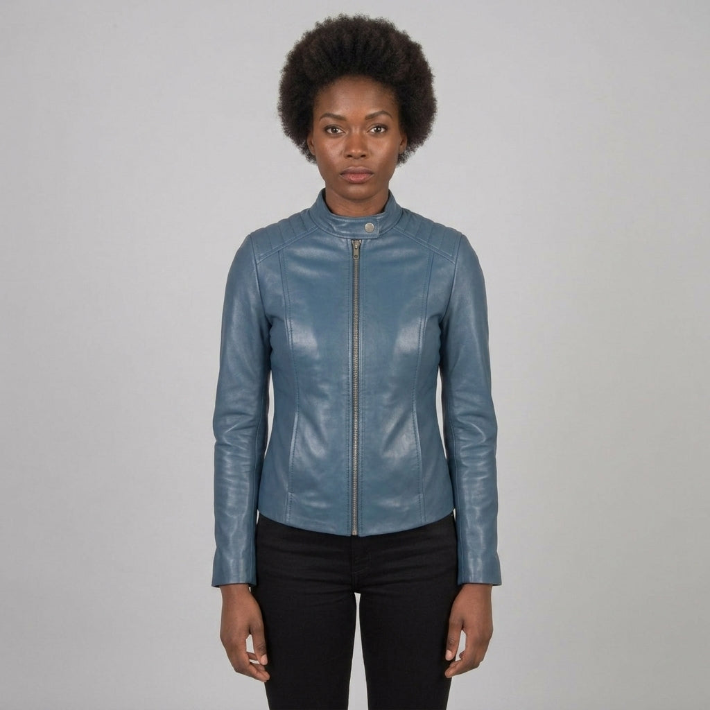 Women's Blue Leather Cafe Racer Jacket