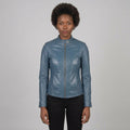 Women's Blue Leather Cafe Racer Jacket