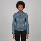Women's Blue Leather Cafe Racer Jacket