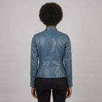 Women's Blue Leather Cafe Racer Jacket
