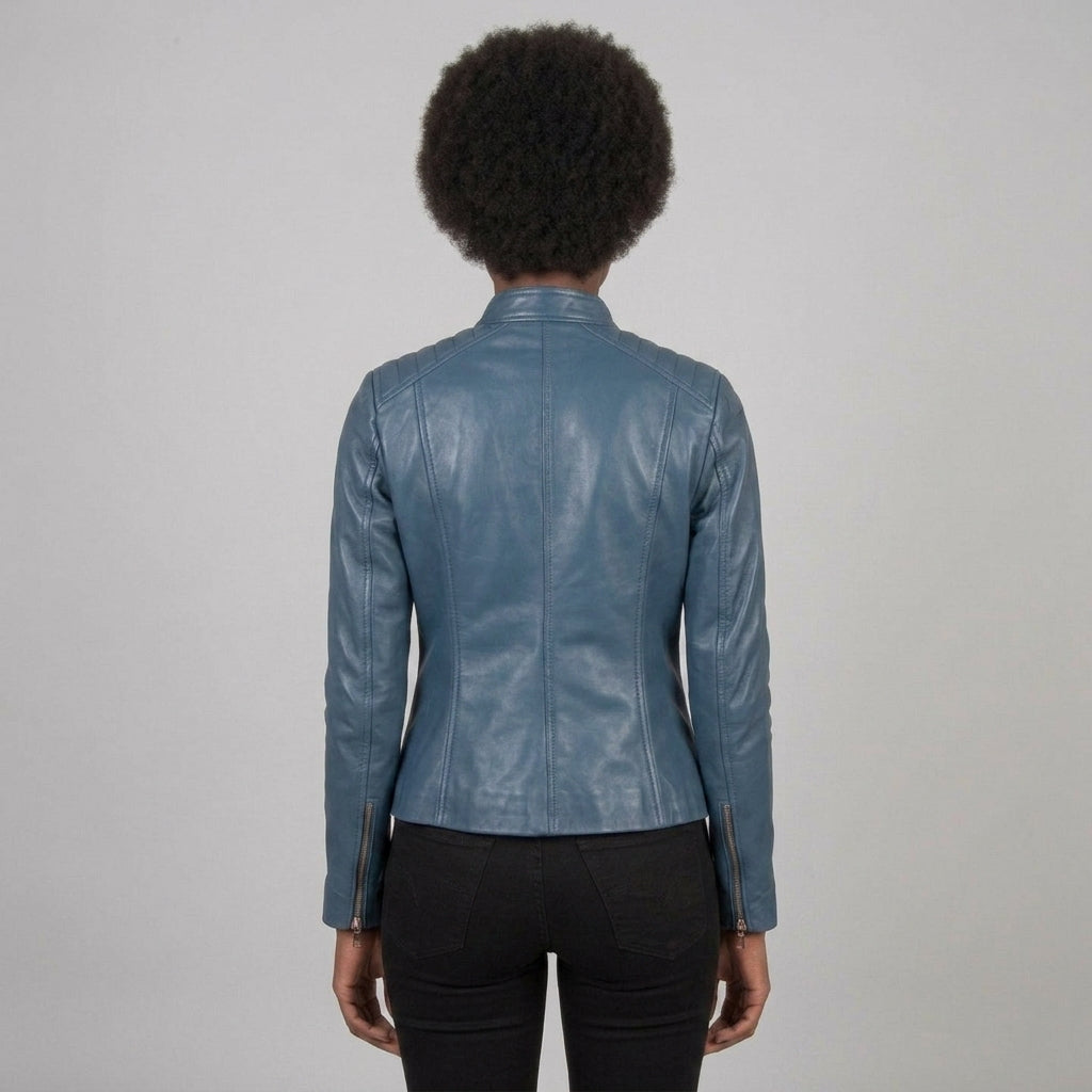 Women's Blue Leather Cafe Racer Jacket