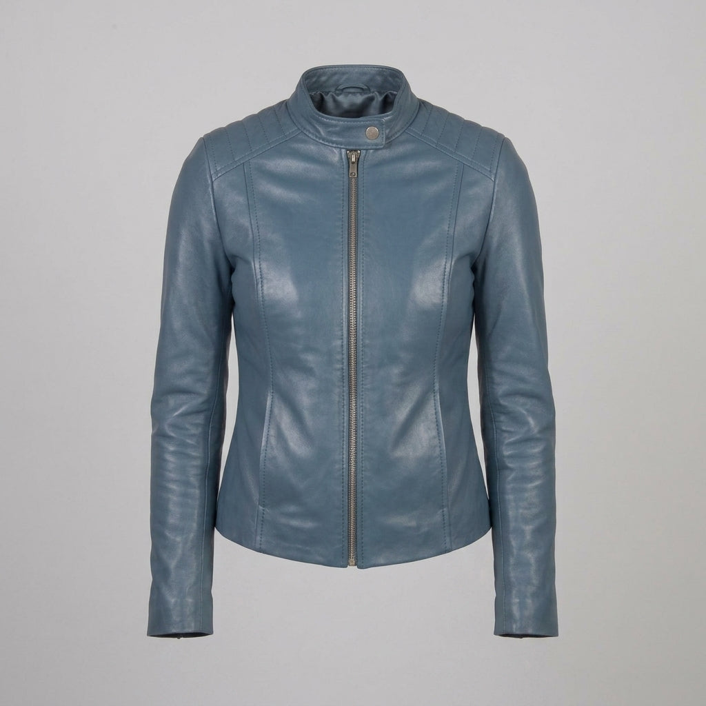 Women's Blue Leather Cafe Racer Jacket