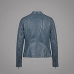 Women's Blue Leather Cafe Racer Jacket