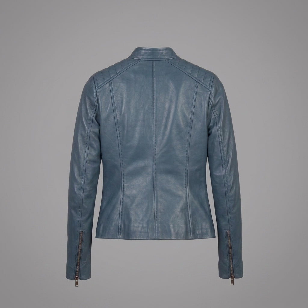 Women's Blue Leather Cafe Racer Jacket