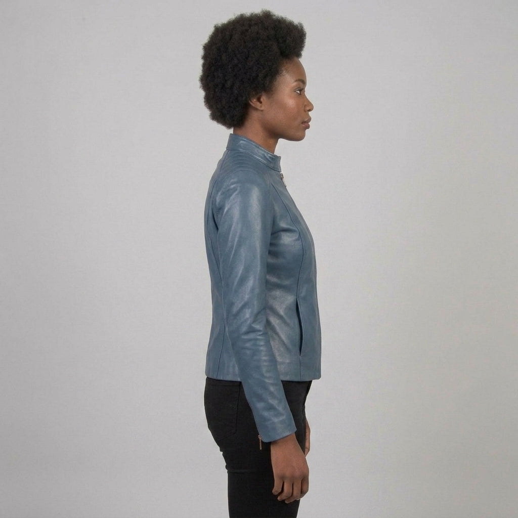 Women's Blue Leather Cafe Racer Jacket
