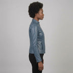 Women's Blue Leather Cafe Racer Jacket