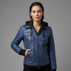 Metro Blue Leather Hoodie Jacket