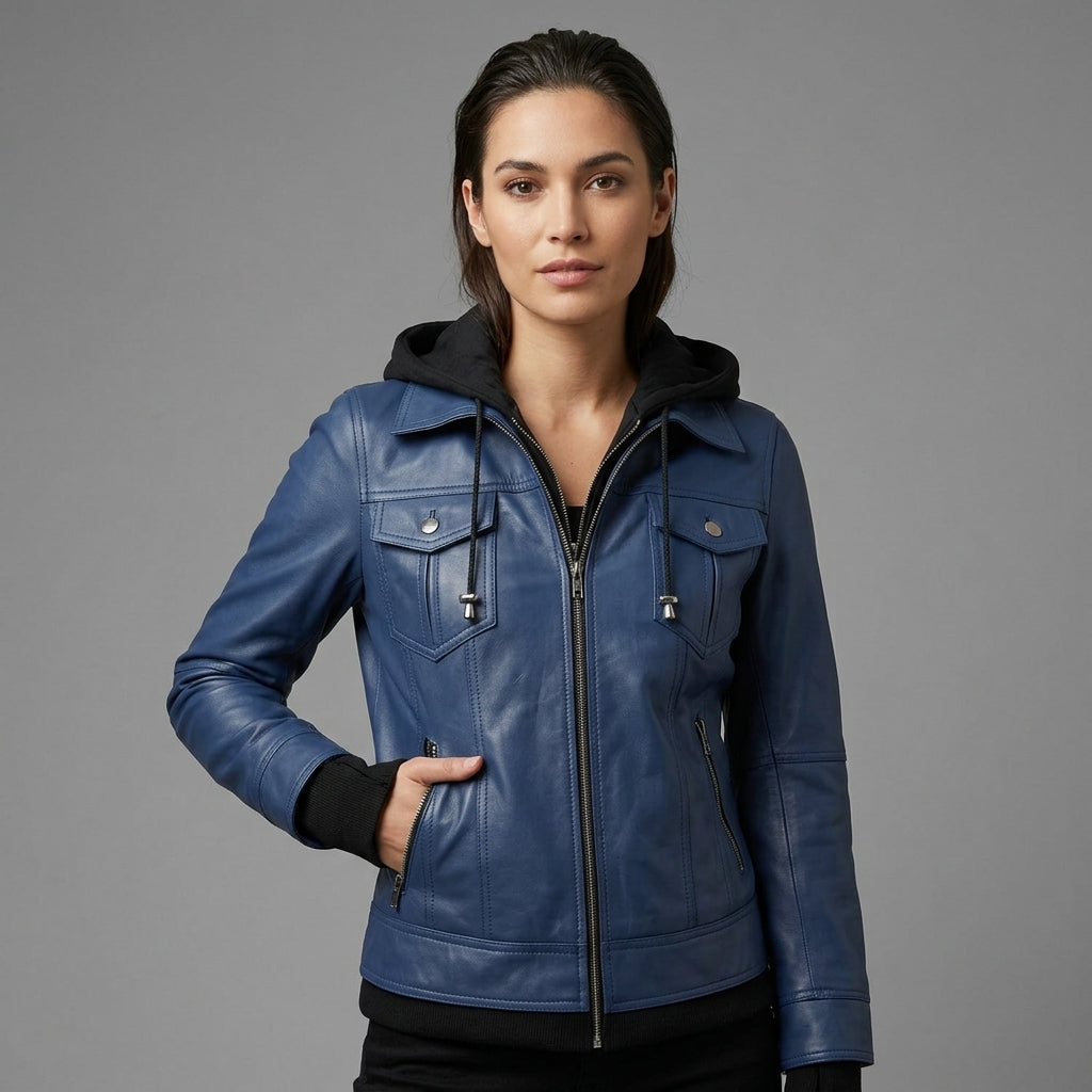 Metro Blue Leather Hoodie Jacket