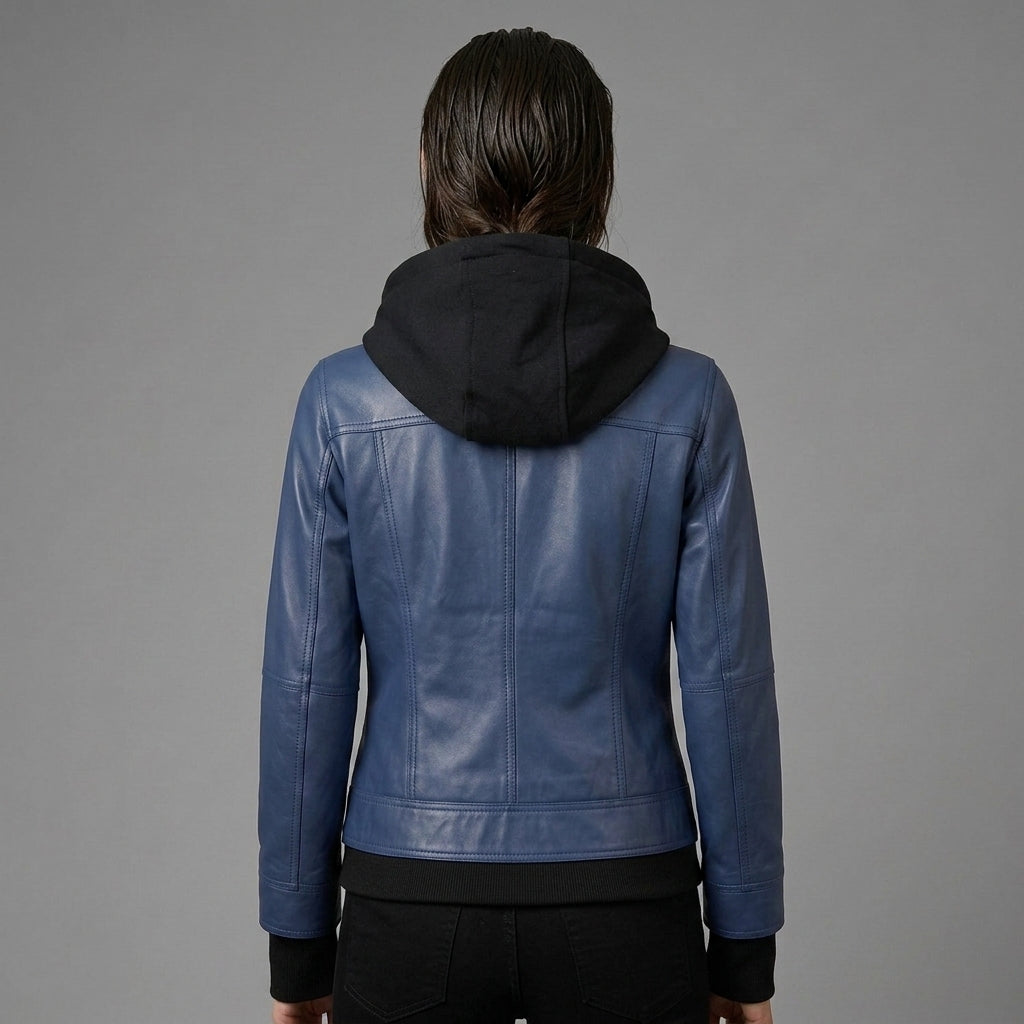 Metro Blue Leather Hoodie Jacket