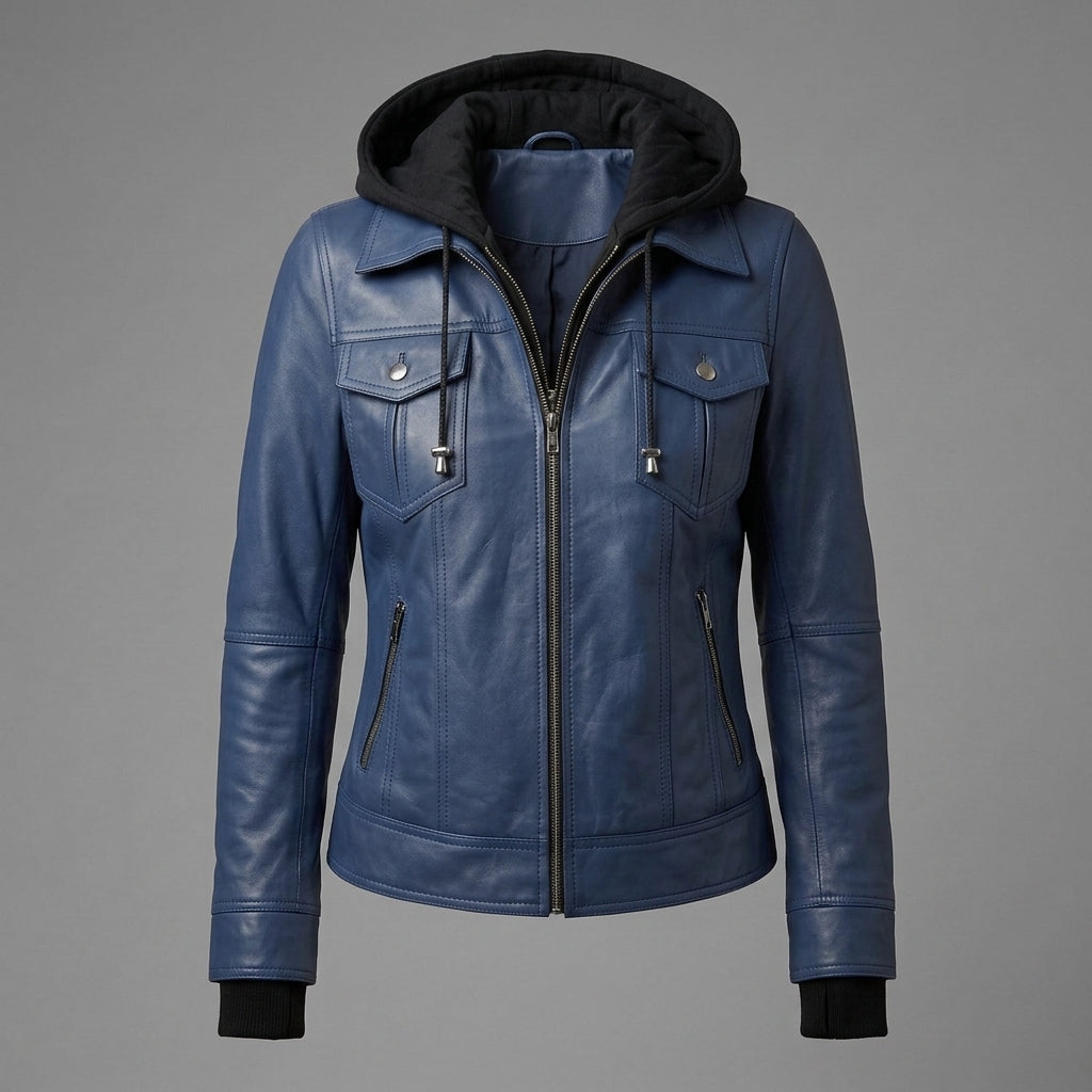 Metro Blue Leather Hoodie Jacket