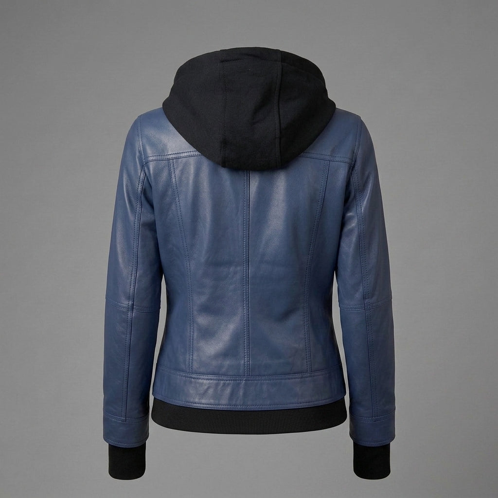 Metro Blue Leather Hoodie Jacket