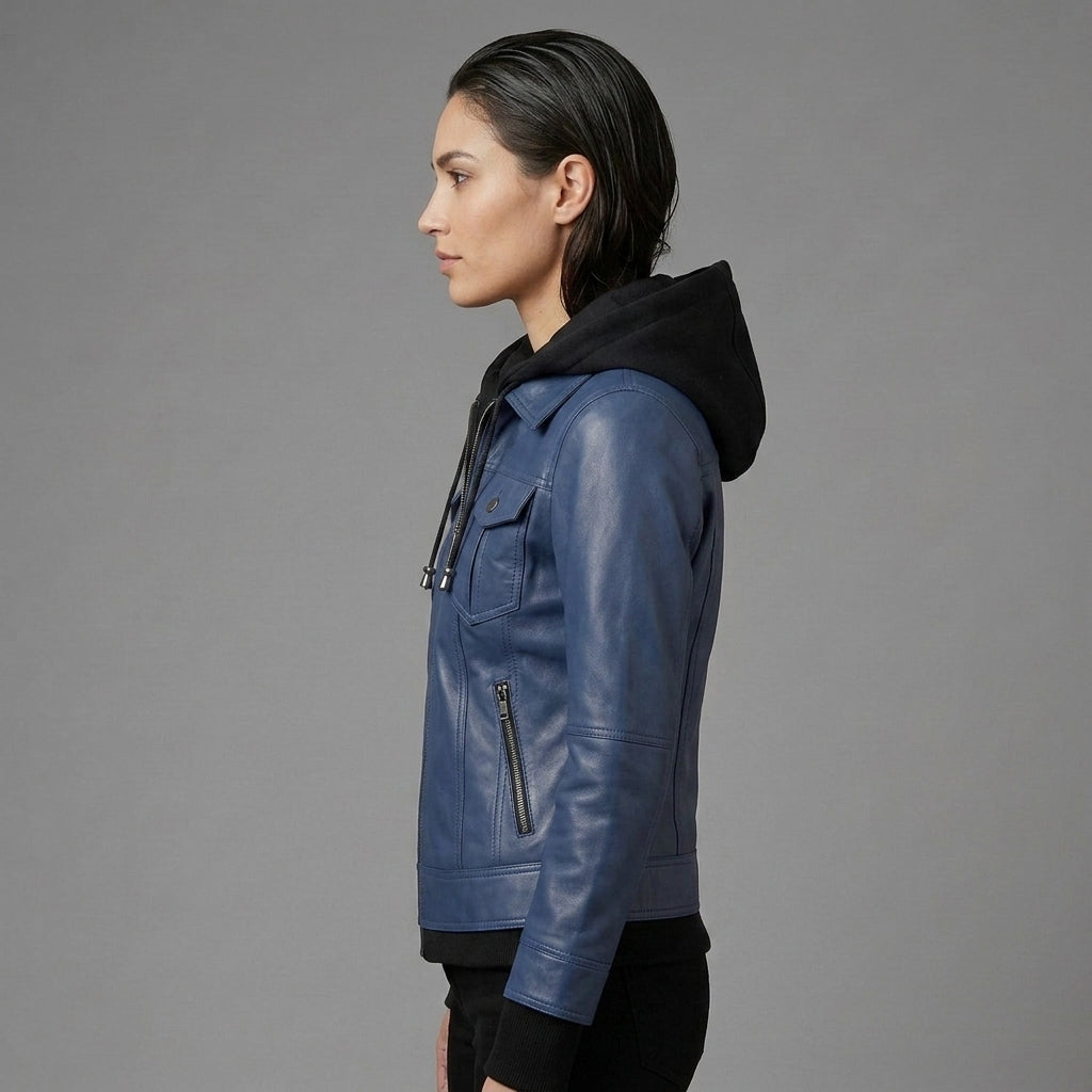 Metro Blue Leather Hoodie Jacket