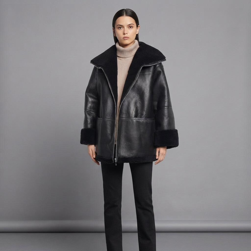 Women's Midnight Black Shearling Car Coat