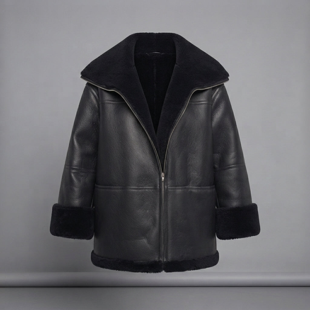 Women's Midnight Black Shearling Car Coat