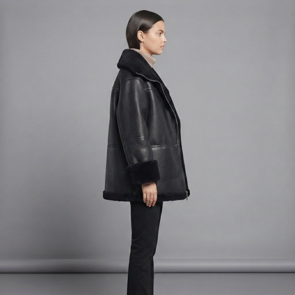 Women's Midnight Black Shearling Car Coat