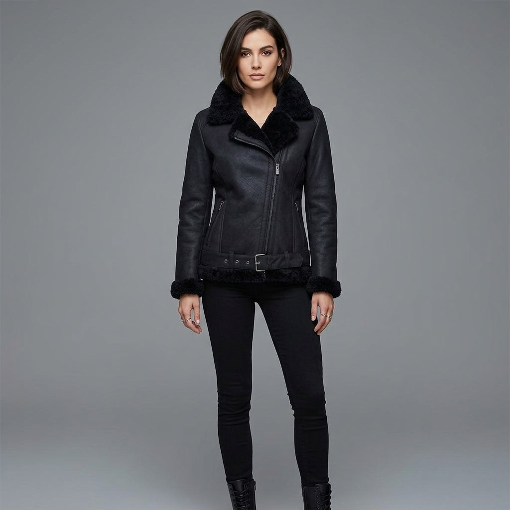 Women's Midnight Shearling Leather Biker Jacket
