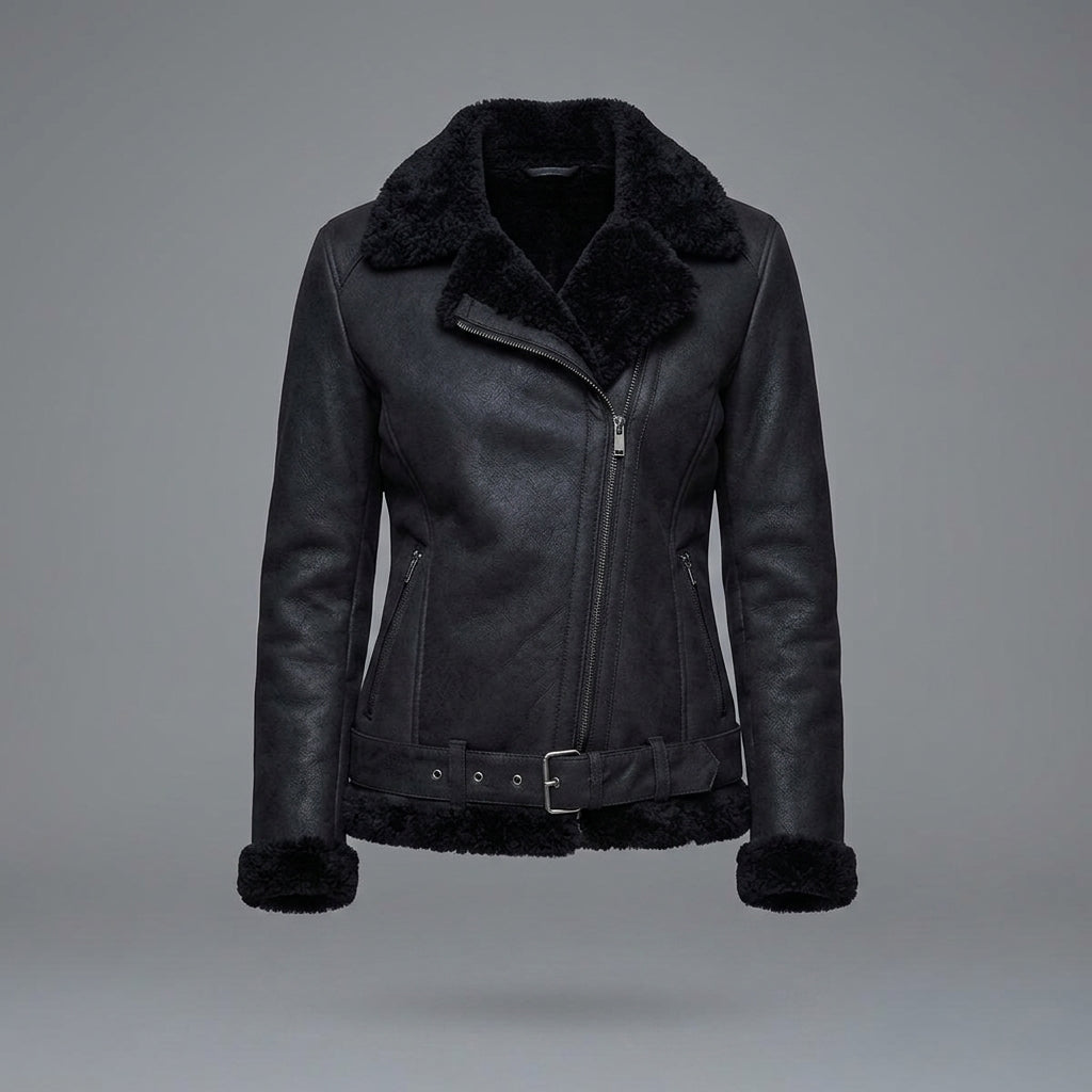 Women's Midnight Shearling Leather Biker Jacket