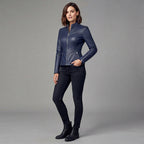 Women's Navy Blue Slim-Fit Leather Moto Jacket
