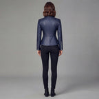 Women's Navy Blue Slim-Fit Leather Moto Jacket