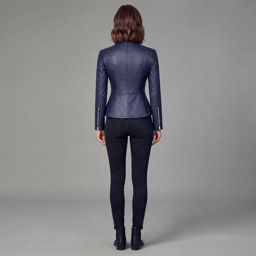 Women's Navy Blue Slim-Fit Leather Moto Jacket
