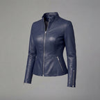 Women's Navy Blue Slim-Fit Leather Moto Jacket