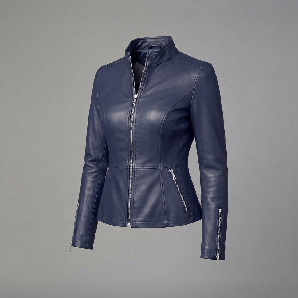 Women's Navy Blue Slim-Fit Leather Moto Jacket