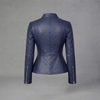 Women's Navy Blue Slim-Fit Leather Moto Jacket