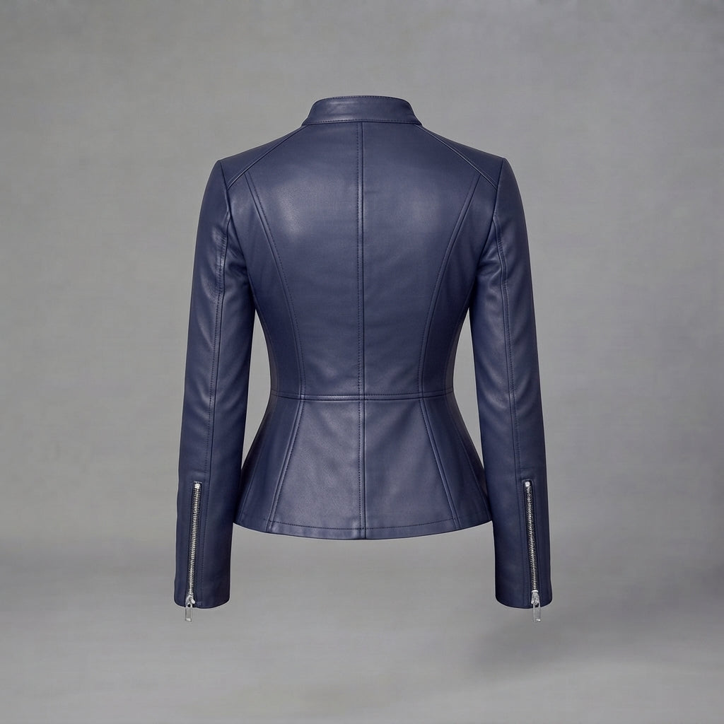 Women's Navy Blue Slim-Fit Leather Moto Jacket