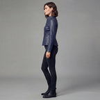 Women's Navy Blue Slim-Fit Leather Moto Jacket