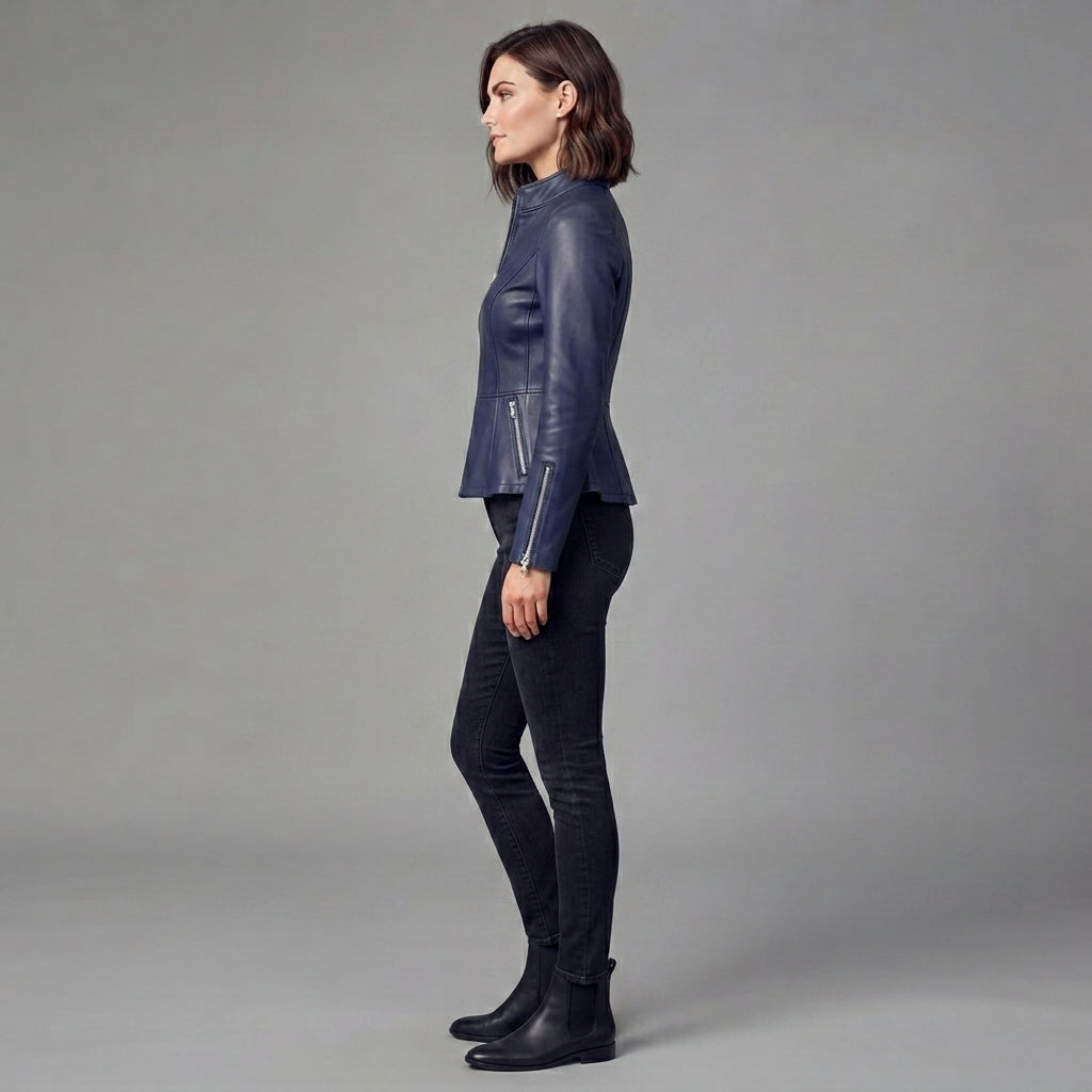 Women's Navy Blue Slim-Fit Leather Moto Jacket