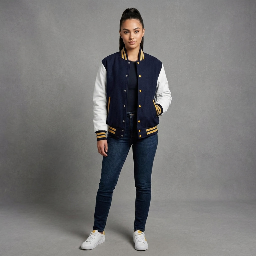 Women's Navy & White Leather Varsity Jacket