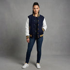 Women's Navy & White Leather Varsity Jacket