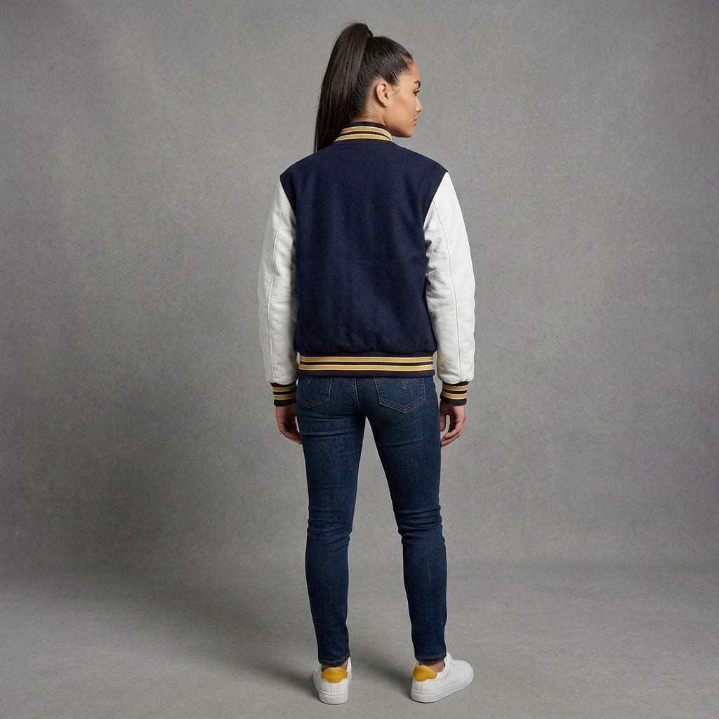 Women's Navy & White Leather Varsity Jacket
