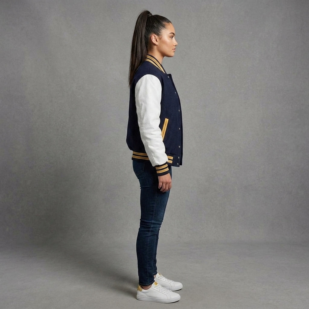 Women's Navy & White Leather Varsity Jacket