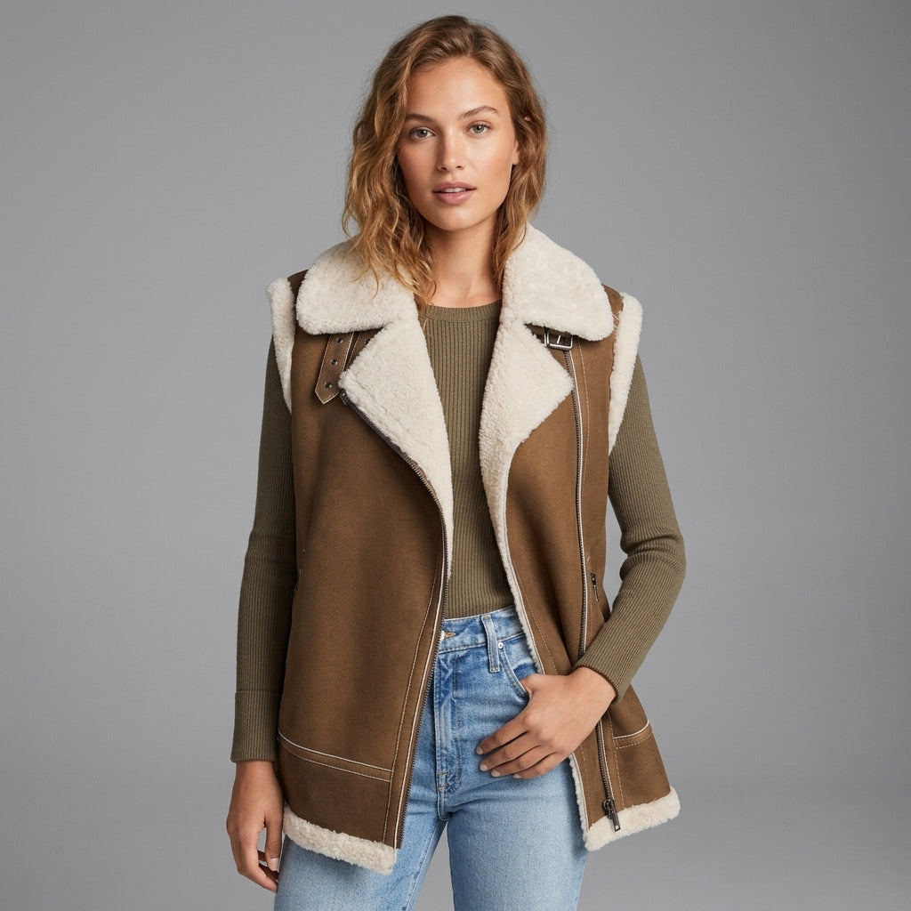 Women's Olive Brown Shearling Leather Vest