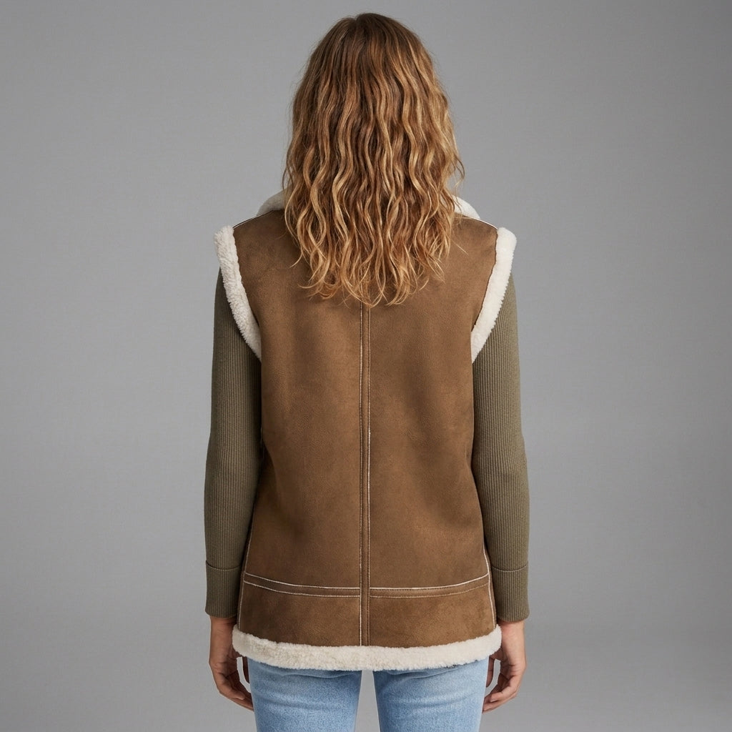 Women's Olive Brown Shearling Leather Vest