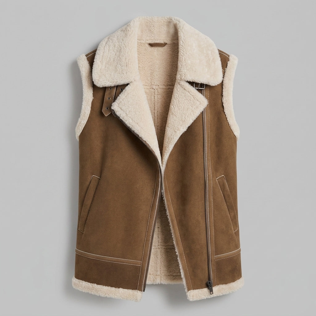 Women's Olive Brown Shearling Leather Vest
