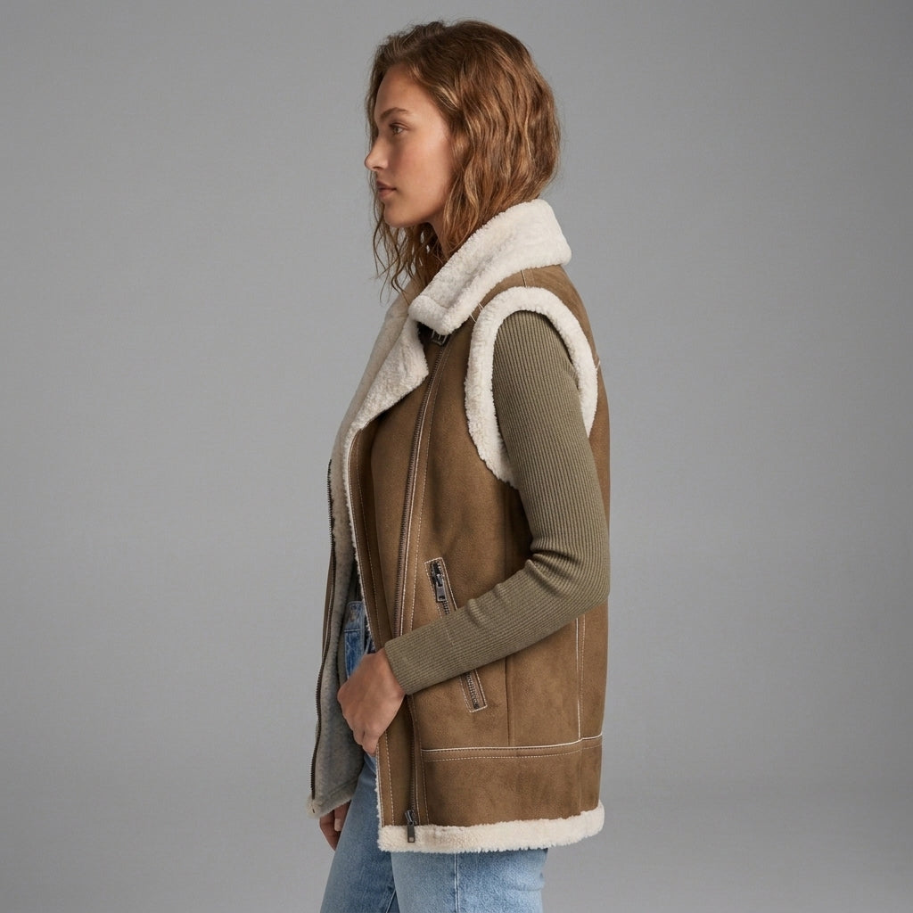 Women's Olive Brown Shearling Leather Vest