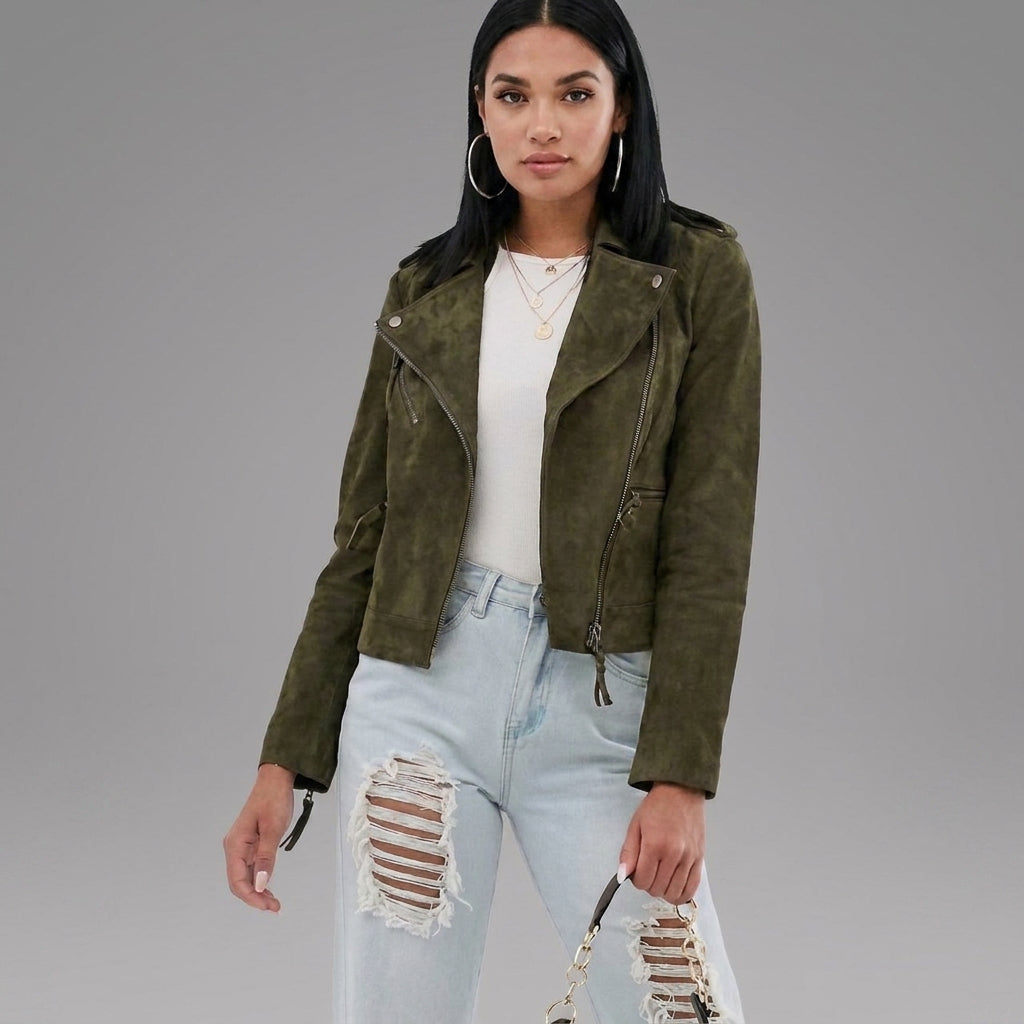 Olive Green Suede Biker Jacket