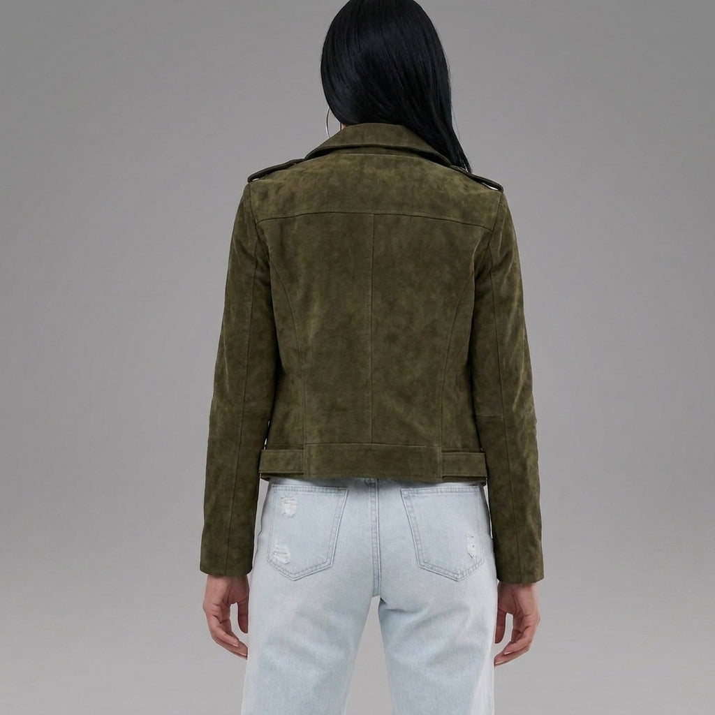Olive Green Suede Biker Jacket